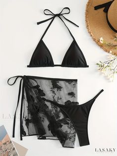 Lasaky - Womens Butterfly Embroidery Halter Tie Back Bikini Set with V Neck Cover Up, Stretchy V String 3 Piece Swimsuit - Sexy, Elegant Swimwear & Clothing 3 Piece Swimsuit, Elegant Swimwear, Neck Cover, Butterfly Embroidery, Swimwear Outfit, Tie Backs, Tie Back, 3 Piece, Collar Styles