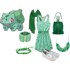 a woman's green outfit with accessories including shoes and purse