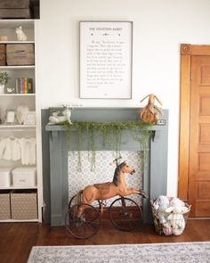 a toy horse is sitting in front of a fireplace with plants growing on the mantle