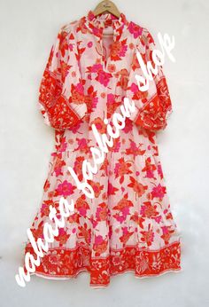 ITEM DESCRIPTION orange pink flower printed maxi dress - v neckline maxi dress - 3/4th sleeve with button maxi dress Features: 3/4th sleeve, V neck, Long dress Material: Cotton cambric Fabric: 100% cotton soft light weight ethnic print fabrics  Sleeve Length = 18 inch For more sizes & their measurement, please refer our below chart to understand the sizes variations available with us For your size requirement, please mention your size in seller note at the time of buying. SIZE MEASUREMENT  BUSTLENGTHSHOULDER XXS34 inch51 inch13.5 inch XS36 inch51 inch14 inch S38 inch51 inch14.5 inch M40 inch51 inch15 inch L42 inch51 inch16 inch XL44 inch51 inch16.5 inch 2XL46 inch51 inch17 inch 3XL48 inch51 inch18 inch   Company Return Policy:  Please write for more information to my email directly CHOOSE Summer Half Sleeve Midi Beach Dress, Summer Half Sleeve Midi Dress For Beach, Summer Beach Midi Dress With Half Sleeves, Pink Printed Maxi Dress For Summer, Chic Half Sleeve Maxi Dress For Beach, Printed Half Sleeve Beach Dress, Printed Summer Dress With 3/4 Sleeves, Summer Printed Dresses With 3/4 Sleeves, Summer Printed Dress With 3/4 Sleeves