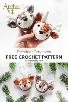 crochet pattern for reindeer ornament with text overlay that reads, reindeer ornament free crochet pattern