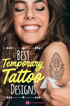 a woman with tattoos on her arm and the words best temporary tattoo designs