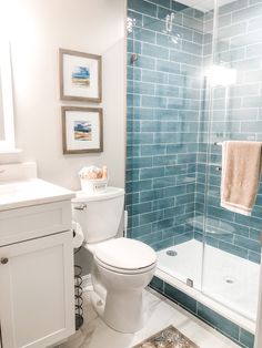 a white toilet sitting next to a walk in shower