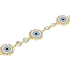 Like a sweet guardian angel for your wrist, this sparkle-starred evil eye bracelet is ready to work overtime to keep good vibes flowing your way! A chain of sky blue nazars, each lined in bright gold and crowned with a heavenly halo of gems, is kept company by brilliant crystals for an extra dose of illumination. Charming, effortlessly graceful, and a constant companion for your everyday adventures. 14k gold plated sterling silver Clear crystals 6-7" Adjustable in length Gold Spiritual Evil Eye Bracelet With Adjustable Chain, Gold Bracelets With Diamond Eyes As A Gift, Evil Eye Cubic Zirconia Bracelet, Evil Eye Cubic Zirconia Bracelets As Gift, Evil Eye Bracelets With Cubic Zirconia As Gift, Angel Eyes, Eye Bracelet, Bright Gold, Evil Eye Bracelet