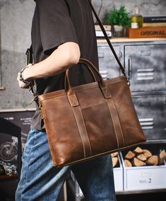 Vintage Leather Briefcase Full Grain Leather Messenger Bag Men Leather Shoulder Bag Leather Laptop Bag Business Handbag A Full grain leather briefcase that expresses perfect harmony between hard and soft. Top-quality full grain leather gives a sentimental feel, but the lines convey a light touch of modern. Timeless and current. Urban practicality with charisma.Briefcases for men are more than an accessory. A leather briefcase bag is an extension of who you are and what you believe in. When we craft leather briefcase bags for men, they are designed to securely house what’s necessary for taking care of business. Practicality is included, as this design snugly fits your 16" laptop, features spacious inner pocket for pens or phone.Leather briefcase for men can be a great addition to any outfit Rectangular Textured Leather Bag, Textured Leather Shoulder Bag Briefcase For Travel, Leather Shoulder Bag Briefcase For Business, Classic Textured Leather Laptop Bag For Daily Use, Leather Shoulder Bag For Business, Leather Shoulder Briefcase For Business, Everyday Textured Leather Satchel Briefcase, Rectangular Textured Leather Business Bag, Rectangular Textured Leather Backpack