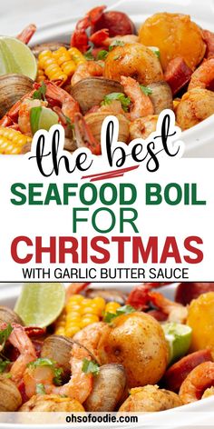 Text reads Seafood Boil For with garlic butter sauce Easy Seafood Boil, Christmas Seafood, Crab Boil Recipe, Seafood Boil Recipe, Cajun Seafood Boil, Lobster Bisque Soup, Shrimp Boil Recipe, Cajun Seafood, Seafood Boil Recipes