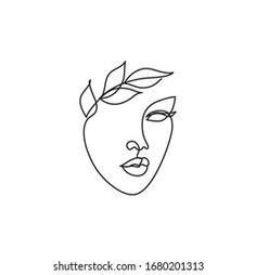 a line drawing of a woman's face with leaves on her head