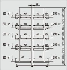 the drawing shows an image of a rack with three shelves on each side, and two rows