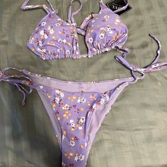 -Zaful Bikini Sets -Size Medium -Nwt -Ships In 1-4 Days Purple Triangle Top Swimwear With Floral Print, Purple Tie-side Swimwear Bottom For Spring, Purple Tie-side Bottom Swimwear For Spring, Spring Triangle Top Swimwear In Purple, Usa Outfits, Zaful Bikinis, Usa Outfit, Swim Suits, Womens Bathing Suits