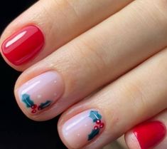 Red Christmas Nails Holly, Red Nails With Holly, Holly Berry Nail Art, Holly Nail Design, Short French Tip Christmas Nails, Christmas Nails Holly Berries, Mistletoe Nail Art, Holly Nails Christmas, Christmas Nails With Holly