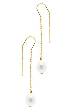 Glossy freshwater peals and a 14-karat gold plate finish gives an enduring sparkle to these effortlessly stunning duster drop earrings. 2 1/4" length 9-10mm pearl width Thread-through style 14K gold plate/freshwater pearl Imported Pearl Threader Earrings, Designer Crossbody Bags, Threader Earrings, Sandals Brands, Keep Jewelry, Fine Jewellery Earrings, Tie And Pocket Square, Lab Created Diamonds