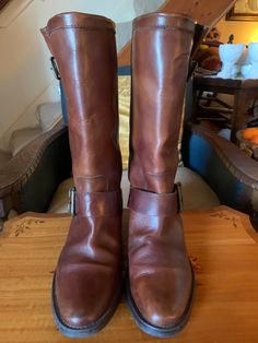 "Vintage Leather Unisex Cowboy Boots, Size 41, Joh Lewis A fabulous pair of tan leather cowboy boots, leather lined with adjustable side brass buckle straps at the ankle and top. make them great unisex boots. These are a fantastic pair of leather boots which have had very little wear. In excellent condition. Size Europe 41/ UK 8, Height 13.5\"/34.5cm" Brown Snip Toe Moto Boots For Riding, Brown Round Toe Work Boots For Riding, Western Bridle Leather Boots For Fall, Rugged Brown Moto Boots, Vintage Bridle Leather Boots With Leather Lining, Brown Rugged Sturdy Moto Boots, Vintage Boots With Bridle Leather And Leather Lining, Brown Sturdy Rugged Moto Boots, Sturdy Leather Moto Boots With Round Toe