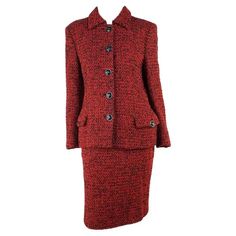 F/W 1995 Gianni Versace Couture Runway Red Bouclé Tweed Skirt Suit Documented For Sale at 1stDibs | red boucle skirt, red tweed set, versace red suit 1995 Runway, Versace Skirt, Silk Pant Suit, Tweed Skirt Suit, Shalom Harlow, Tweed Set, Couture Skirts, Slinky Dress, Versace Couture