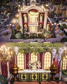 two different views of the same house with lights on and flowers in vases next to it