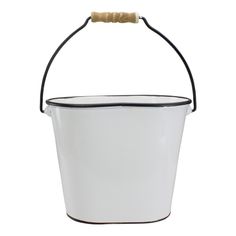 a white bucket with a wooden handle