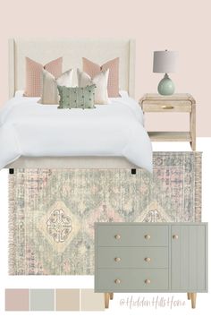 a bedroom with pink and green accents, including a bed, dresser, nightstand, and lamp