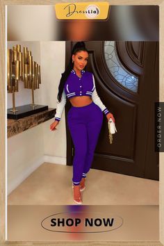 Patchwork Baseball Jackets Crop Top and Pants Suit Casual Purple Workwear Set, Casual Purple Sets For Workwear, Purple Long Sleeve Sets For Workwear, Purple Long Sleeve Sets For Work, Purple Long Sleeve Workwear Sets, Preppy Shorts, Baseball Jackets, Women's Outfits By Occasions, Two Piece Pants Set