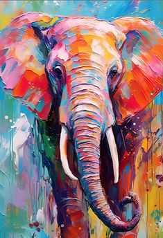 an elephant painted in bright colors on a blue background