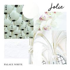 an advertisement for jolie featuring white flowers and paper lanterns