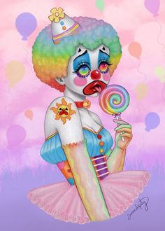 a painting of a clown holding a lollipop in her hand and eating a lollipop