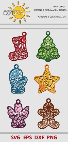 an assortment of different colored ornaments on a white background with the words, svg eps dxf png