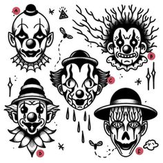 four clowns with different facial expressions on their faces, including one wearing a hat and two