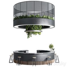 a circular table with plants in the middle and two stools on each side, under a suspended planter