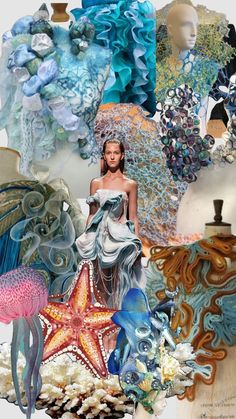 a collage of various sea creatures and mermaids