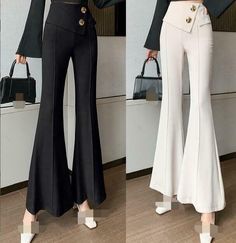 Trendy Non-stretch Flare Wide Leg Pants, Elegant High Waist Fall Flares, Elegant High Waist Flares For Fall, Elegant High-waist Flares For Fall, Elegant High Waist Spring Flares, Elegant High-waist Spring Flares, Suit Pants Women, Senior Pants, Pants Korean