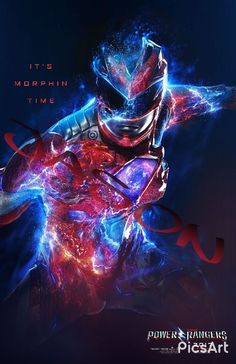 the poster for power rangers is displayed in front of a purple background with blue and red lights