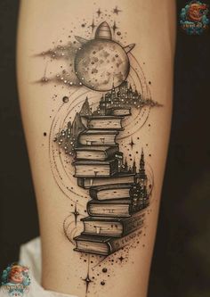 a woman's thigh with an image of a book stack and the moon above it