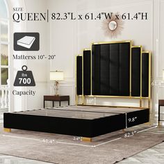 the measurements of a queen size bed frame and headboard are shown in this image