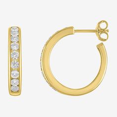 This pair of hoop earrings by Yes, Please! will add an elegant touch to any evening outfit. Made from 14K Yellow Gold Over Silver, these earrings come set with round-cut Lab Created White Sapphires. Style with an evening dress or a blouse and jeans. Features: In A Gift BoxEarring Back: PostSetting: ChannelStone Cut: RoundMetal Color: WhiteEarring Length: 20mmEarring Width: 3.5mmCare: Wipe CleanStone Type: 18 Lab Created SapphireAuthenticity: Lab Created StoneEarrings Style: Hoop EarringsMetal: 1 Gold Hoop Jewelry With Channel Set, Gold Channel Set Hoop Earrings For Anniversary, Gold Channel Set Earrings For Gift, Classic Gold Hoop Earrings Channel Set, Classic Gold Channel Set Hoop Earrings, Gold Hoop Diamond Earrings With Ear Wire, Small Hoop Channel Set Earrings For Anniversary, Gold Channel Set Hoop Earrings Gift, Gold Hoop Earrings Channel Set As Gift