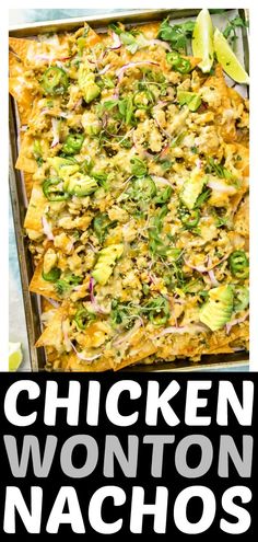 chicken wonton nachos in a pan with the title overlay that reads chicken wonton nachos