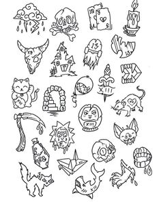 a bunch of doodles that are drawn in black and white with different designs on them