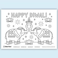 a happy diwali card with two elephants