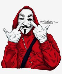 a drawing of a person wearing a red hoodie and holding two fingers up in front of their face