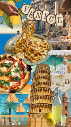 the collage shows different types of food, including pizzas and other things that are on display