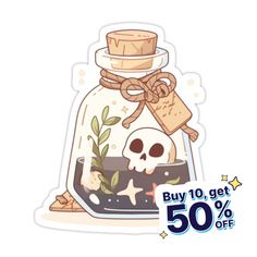 a sticker with a skull in a glass jar filled with plants and bones on it