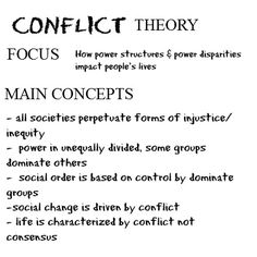 a table with some writing on it and the words conflict theory written in different languages