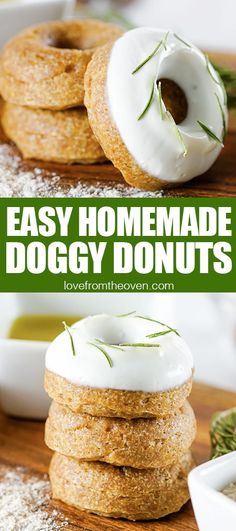 homemade doggy donuts with icing and rosemary sprinkles on top