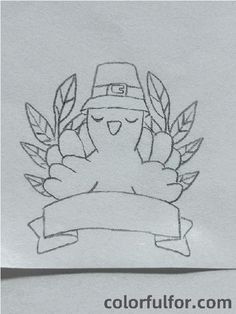 a drawing of a turkey wearing a hat and holding a banner with leaves on it