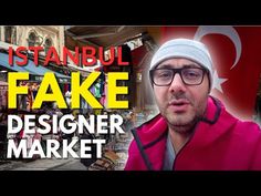 a man is standing in front of a sign that says,'tstanbul fake designer market '