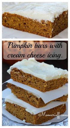 pumpkin bars with cream cheese icing are stacked on top of each other and the words, pumpkin bars with cream cheese icing