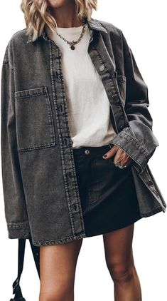 Gen X Outfits, Aw24 Outfits, Denim Overshirt, Grey Denim Jacket, Long Denim Jacket, Look Festival, Oversized Jean Jacket, Long Sleeve Denim Jacket, Oversized Jeans