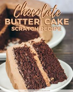 a slice of chocolate butter cake on a plate