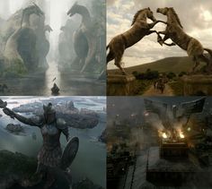 four different scenes from game of thrones, including two horses and one man in armor