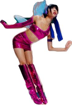 a woman dressed in pink and purple is flying through the air with her legs spread out