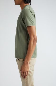 Fluid cotton-enriched jersey brings exceptional drape and a soft hand to this refined take on a wardrobe-staple T-shirt. 27" length (size 38US/48EU) Crewneck Short sleeves 67% lyocell, 33% cotton Dry clean or machine wash, dry flat Made in Portugal Men's Designer Clothing Classic Green Relaxed Fit T-shirt, Green Classic Relaxed Fit T-shirt, Pima Cotton Short Sleeve T-shirt, Classic Green Unstructured Top, Green Cotton Tops For Casual Gatherings, Fitted Cotton T-shirt For Casual Wear, Fitted Cotton T-shirt For Casual Gatherings, Fitted Classic Green T-shirt, Green Short Sleeve Tops For Casual Gatherings