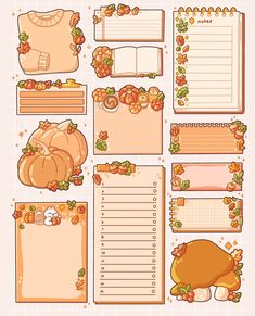 a set of paper with pumpkins, leaves and other items for writing on it